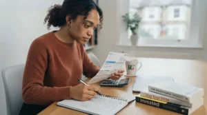 A calculator and credit card resting on top of a debt repayment plan sheet.