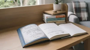 A workbook-style guide among mindfulness meditation books with a pen ready for reflective writing.
