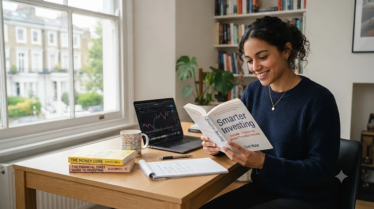 A beginner reading a personal finance guide about investing books for beginners in the UK. investing books for beginners