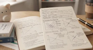 A highly detailed, photorealistic close-up photograph of the study desk scene from image_6.png. The focus is razor-sharp on the open notebook page on the right, which is now covered in incredibly intricate, legible handwritten notes and diagrams, filling every space. At the top, a section titled "Key Economic Terms Glossary" lists terms like "Opportunity Cost," "Marginal Utility," "Elasticity," "Inflation," and "Fiscal Multiplier" with concise, clear definitions. Below this, multiple, complex, hand-drawn charts and graphs, including a detailed "Microeconomic Price Mechanism" diagram, a "Phillips Curve," and an "IS-LM Model," are rendered with precision. The text is dense but perfectly clear, as if from a diligent student's personal study guide. To the left, the open notebook page is also visible, with its content (GDP vs. GNP, AD-AS) from image_6.png, now also annotated with more detailed sub-points and cross-references to the glossary. The tips of the two economics books ("The Undercover Economist" and "Economics: A User's Guide") are visible at the very left edge. The pen from image_6.png lies on the right side, pointing towards the glossary.