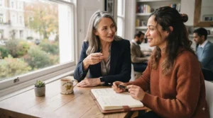 A mentor and client having an empowering discussion, illustrating life coaching and personal development.