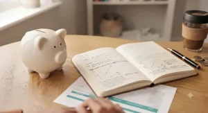 A detailed, photorealistic photograph of the wooden desk setup seen in image_4.png, viewed from a similar perspective. The cream ceramic piggy bank remains on the left, and the reusable coffee cup, pen, and coins are on the right. The central hardcover notebook is open, with its pages now meticulously filled with neat, legible handwritten notes and diagrams on macroeconomic principles. Clearly visible sections include "GDP Calculation", "Inflation Rate Formula", "Aggregate Demand & Supply (AD-AS) Model" with a detailed graph, and bullet points on "Fiscal Policy Tools". The handwriting is intricate and realistic. The natural daylight from the window (to the left) illuminates the scene warmly, highlighting the textures of the paper and desk. The background bookcase is softly blurred.