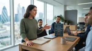 Team leader sharing professional development books with colleagues in a modern British office.