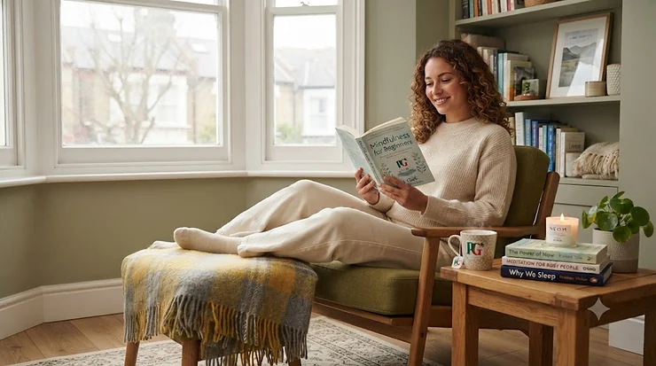 A cosy reading corner in a British home featuring a cup of tea and top-rated meditation books for beginners on a wooden shelf. meditation books for beginners