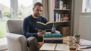 A man reading a non-fiction book focusing on emotional resilience and men's mental health.