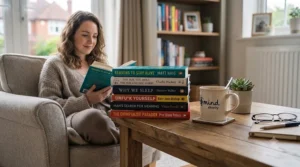 Someone reading a self-help book about managing anxiety while sitting comfortably at home with a cup of tea.