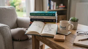Open mindfulness and meditation books surrounded by a notebook and calming plants.