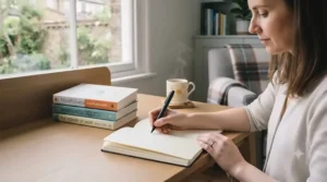 A modern home office desk setup featuring a productivity planner and mindfulness meditation books.