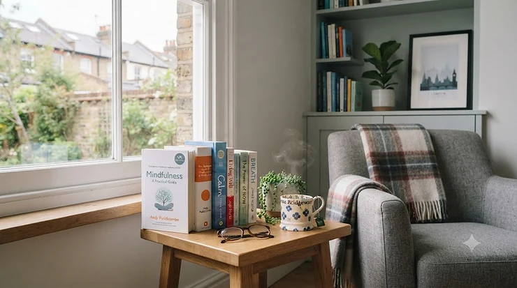 A cosy reading nook with a stack of mindfulness meditation books, a steaming mug of tea, and natural daylight filtering through a window. mindfulness meditation books
