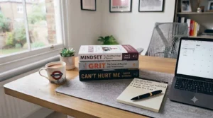 Motivational books like 'Mindset' and 'Grit' arranged on an oak desk, accompanied by a notepad and a cup of tea, inspiring a productive mindset.