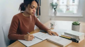 A journal open to financial goals and habit-tracking tables with a pen.