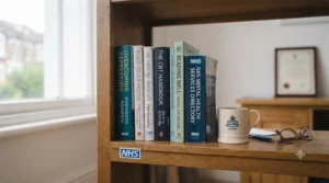 A stack of clinically approved mental health guides, mirroring NHS-endorsed anxiety and depression books.