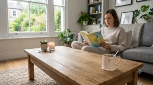A person peacefully reading one of the best mindfulness books in a cosy British living room.
