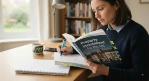 A beginner reading a property investment book with sticky notes and a highlighter, learning how to start a UK property portfolio.