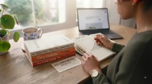 A curated stack of recommended habit building books ready for reading, set against a cosy British reading nook background.
