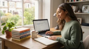 Illustration of a person working from home at a tidy desk, representing themes found in modern work life balance books.