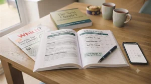 Close-up of a reader highlighting a budget checklist inside a retirement planning book.