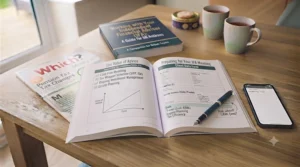 A happy couple discussing lifestyle goals featured in a retirement planning book at home.