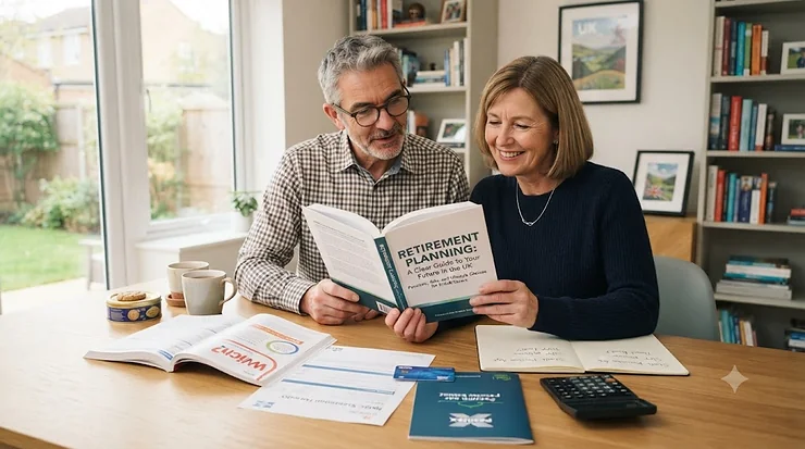 A collection of retirement planning books and a notepad on a wooden desk, representing financial strategies for UK readers. retirement planning books