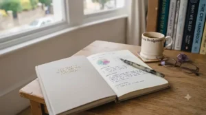 A daily mental health journal and pen used for tracking mood, featured in practical anxiety and depression books.