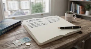A notebook and pen placed next to an inspiring debt-free book, symbolising a fresh financial start.