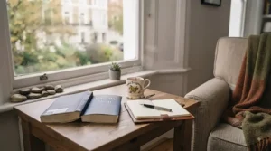 A steaming cup of tea next to a relaxing reading nook, capturing self-care and stress reduction.