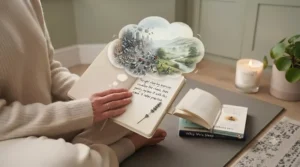 A person smiling peacefully while reading a beginner’s guide to meditation on a sofa.