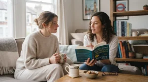 Two people having a supportive conversation over coffee, reflecting advice from anxiety and depression books for carers.