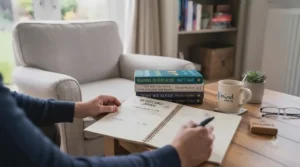 A young adult reading a supportive mental health guide designed for students and teenagers.