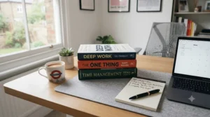 A close-up photograph of a stack of deep work and time management books next to a London Underground mug, illustrating effective scheduling for a UK home office.
