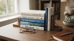 A stacked collection of top-rated confidence building books recommended for readers in the UK.
