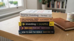 Stack of popular personal finance books recommended for UK beginners starting their investment journey.