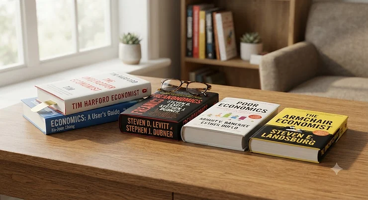 A highly detailed, photorealistic photograph capturing a thoughtfully arranged collection of five diverse, popular economics books for beginners
