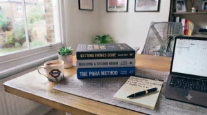 A final stack of books detailing comprehensive productivity systems, such as 'Getting Things Done', summarising key methods for readers.