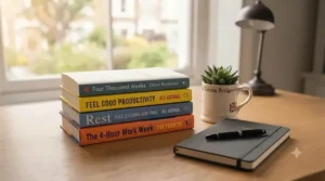 A curated stack of recommended reading materials for achieving harmony between career and personal life.