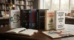 A display of award-winning global economics books featuring commentary on contemporary financial crises.