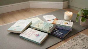 A flatlay of various mindfulness and meditation books for beginners spread out on a neutral-toned rug.