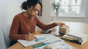 A miniature model house next to a piggy bank and a property finance guidebook.