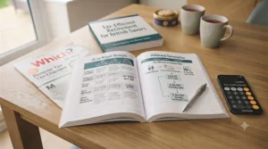 An open guide on retirement planning books next to a UK pension statement and calculator.