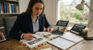 A property auction catalogue next to a specialist book on buying UK houses at auction for below market value.