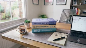 Essential reads for achieving work-life balance, including 'The 4-Hour Work Week' and 'Rest', placed on a desk to encourage wellbeing.