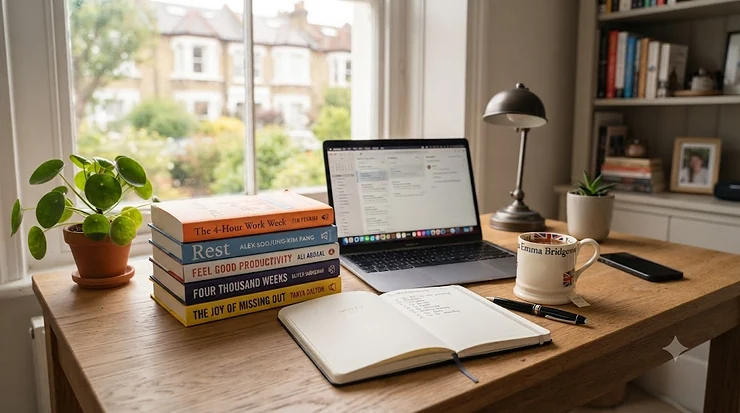 Flat lay of popular work life balance books on a wooden desk with a cup of tea and a notebook, ideal for professionals looking to improve wellbeing. work life balance books