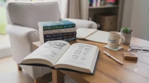 A desk setup featuring a guide on overcoming workplace burnout and maintaining professional wellbeing.