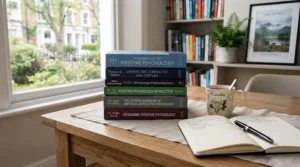 Academic positive psychology books lined up on a library shelf for university study and research.
