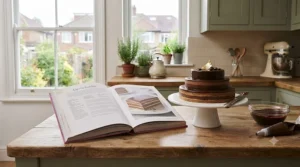 Complex multi-tiered celebration cake next to advanced patisserie and cake baking books.