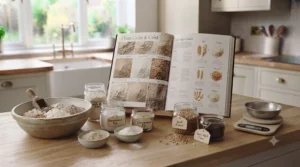 An expert guide from an advanced artisan bread making book illustrating dough scoring and kneading techniques.[cite: 5]