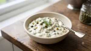 A ceramic bowl of homemade tartar sauce with capers, lemon, and fresh dill.