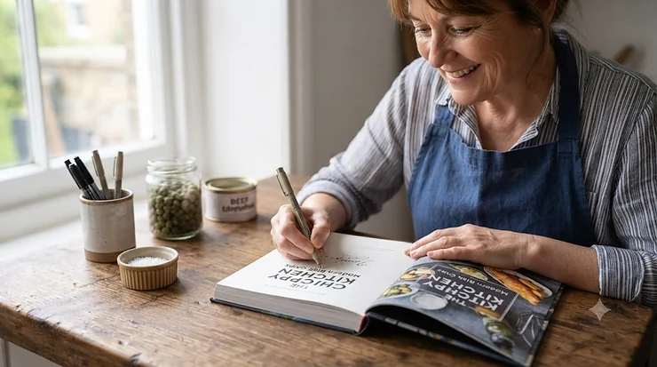 The cookbook author signing a copy of their latest British fish and chips cookbook in a rustic kitchen. british fish and chips cookbook