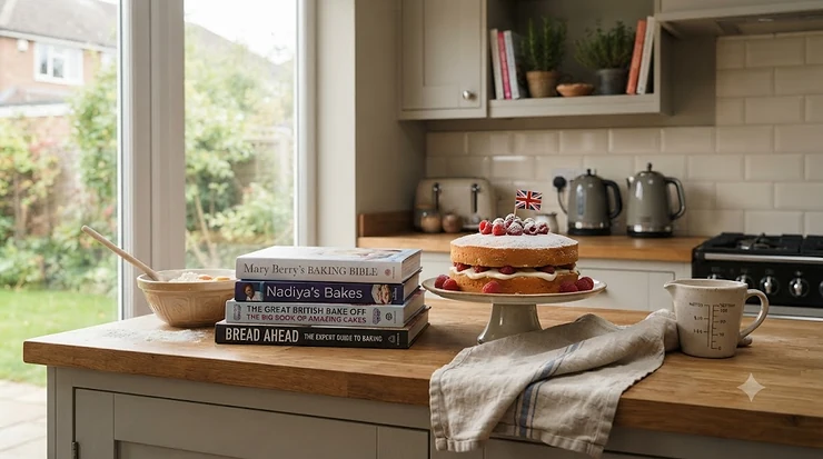 A collection of the best baking books featuring British classics, laid out on a rustic wooden kitchen counter. best baking books