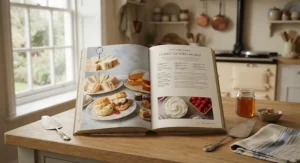 A selection of classic British baking books next to freshly baked scones and clotted cream.